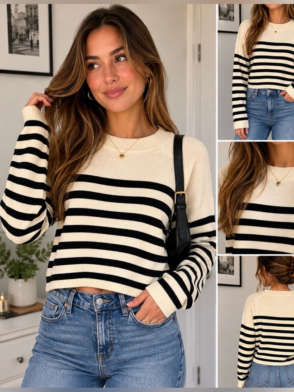 Philosophy Cream & Black Striped Knit Sweater Size S